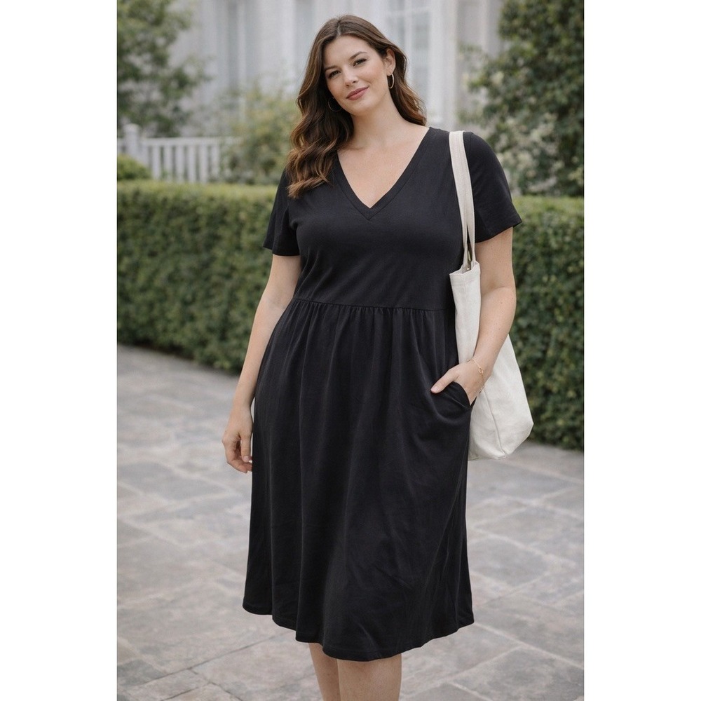 Boden Black Modal Cotton V-Neck Short Sleeve Fit & Flare Pocket Dress US 12R